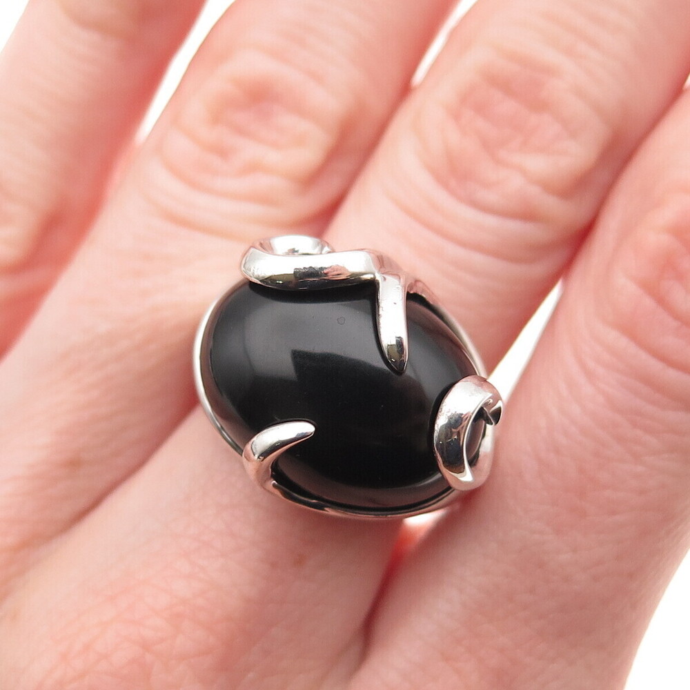 KN Kajal Naina 925 Sterling Silver Vintage Real Black Onyx Floral Ring Size 6.25